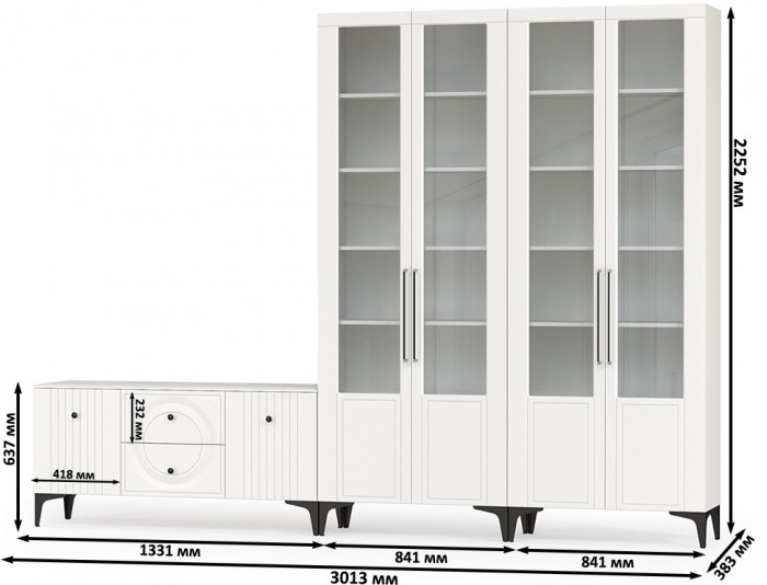 Валенсия Гостиная № 073, цвет ЛДСП белый шагрень/МДФ белый шагрень, ШхГхВ 301,3х38,3х225,2 см., универсальная сборка