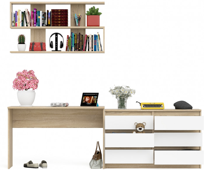 Мори письменный стол МСП1200.1 + Комод МК1200.6 + Полка 1200, дуб сонома/белый