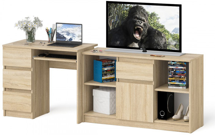 Мори Стол компьютерный МС-6 левый + Тумба МТВ1204.1, цвет дуб сонома, ШхГхВ 210,4х50х76,6 см., выдвижные ящики слева, НЕ универсальная сборка
