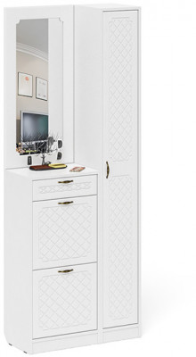 Прихожая П-6 Компоновка № 23, цвет белая шагрень/фасады МДФ белое дерево фрезеровка ромб, ШхГхВ 80х35х210 см., универсальная сборка