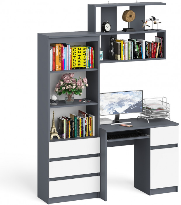 Мори компьютерный стол МС-1 правый + Стеллаж МСТ600.3 + Полка 900, графит/белый