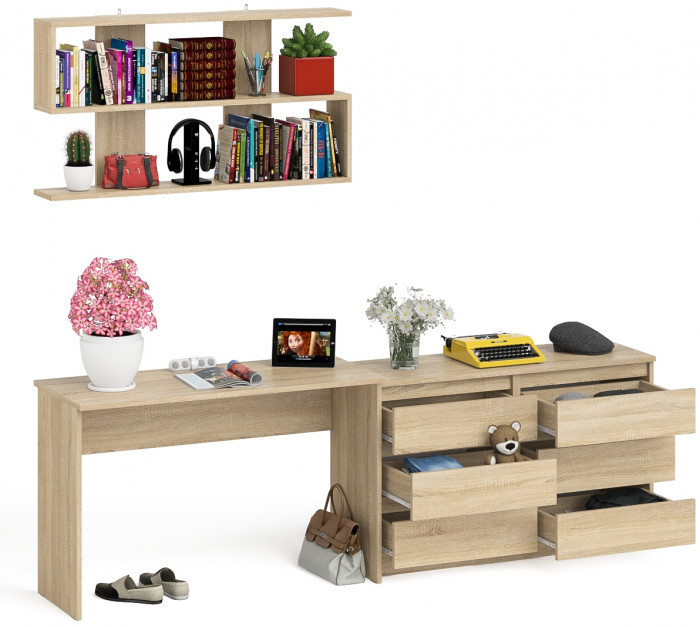 Мори письменный стол МСП1200.1 + Комод МК1200.6 + Полка 1200, дуб сонома
