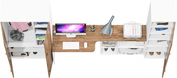 Лидер-8 Шкаф МД 20Б + Стол + Пенал 22Б, цвет белый шагрень/крафт золото, ШхГхВ 285х50/37,5х75/190 или 195х120х75/190 см., НЕ ун.сб.