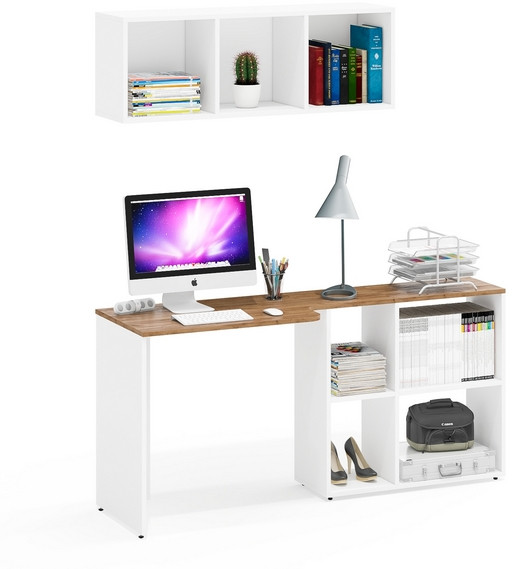 Лидер-8 Стол + Полка, цвет белый шагрень/крафт золото, ШхГхВ 165х50/30х190 см. или 115х50/80х190 см., НЕ универсальная сборка