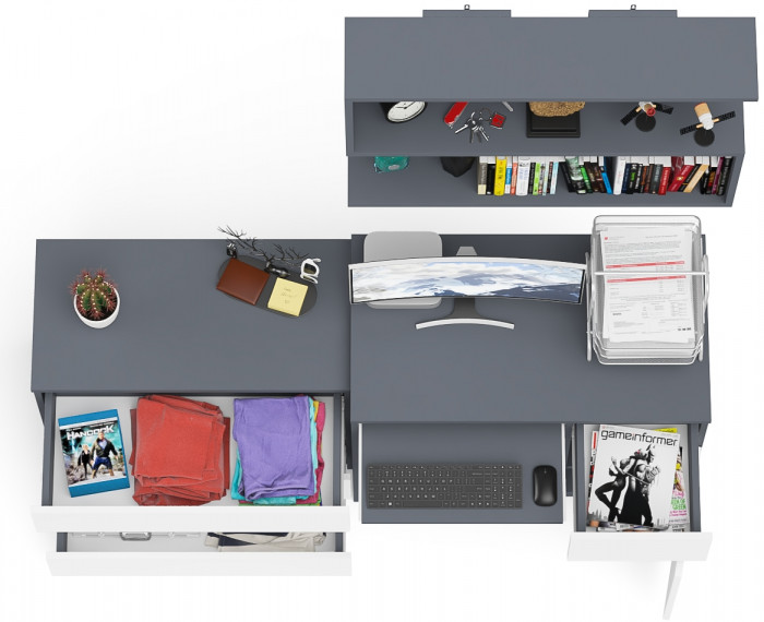 Мори Стол компьютерный МС-1 правый + Комод МК800.1 + Полка 900, цвет графит/белый, ШхГхВ 170,4х50х209,6 см., НЕ универсальная сборка