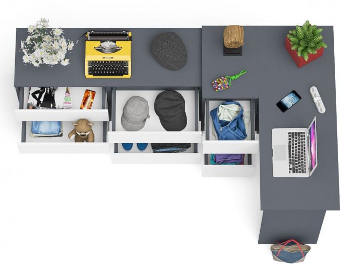 Мори Стол компьютерный МС-16 левый + Комод МК1200.6, цвет графит/белый, ШхГхВ 244,8х84,9х76,6 см., выдвижные ящики слева, НЕ универсальная сборка