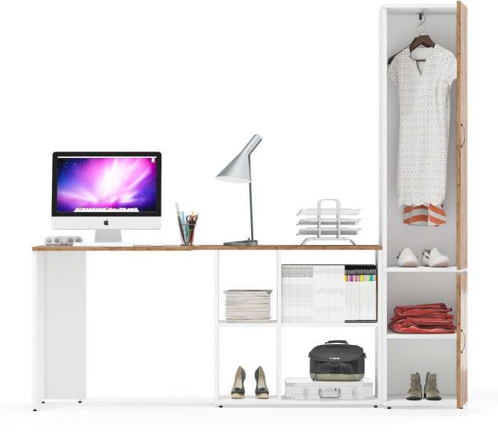 Лидер-8 Стол + Пенал МД 21Б, белый шагрень/крафт золото