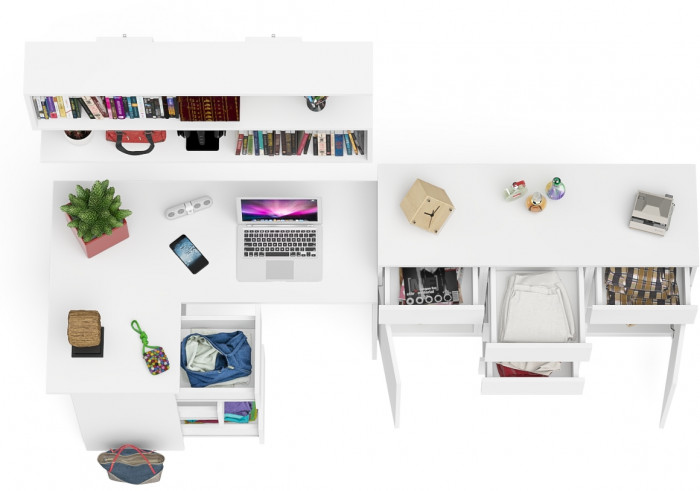 Мори компьютерный стол МС-16 левый + Комод МК1200.4 + Полка 1200, белый