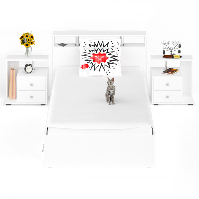 Камелия Кровать с ящиками 1200 + две тумбы, цвет белый, ШхГхВ 236х217х78,2 см., сп.м. 1200х2000 мм., без матраса, основание есть