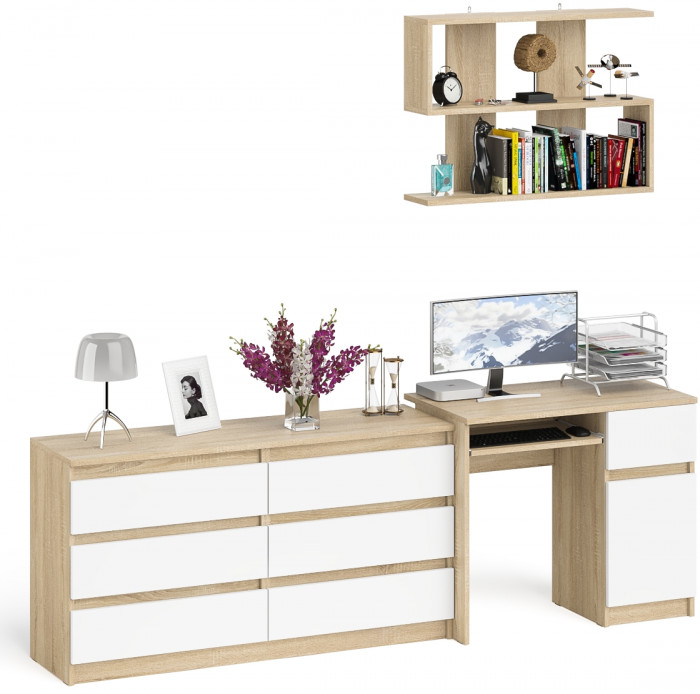 Мори Стол компьютерный МС-1 правый + Комод МК1380.6 + Полка 900, цвет дуб сонома/белый, ШхГхВ 228х50х209,6 см., НЕ универсальная сборка