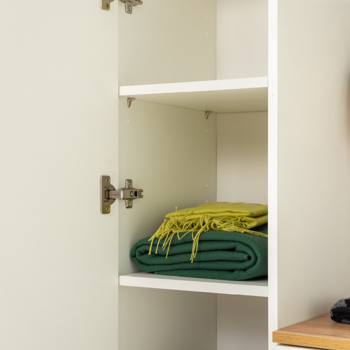 Октава 13.338 Шкаф для одежды + 13.228 Пенал, белый шагрень/дуб крафт золотой/фасады МДФ белый шагрень/зеркало