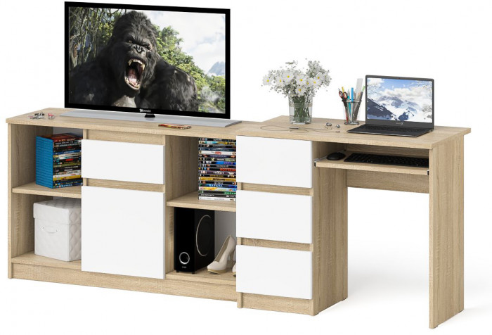 Мори Стол компьютерный МС-6 левый + Тумба МТВ1204.1, цвет дуб сонома/белый, ШхГхВ 210,4х50х76,6 см., выдвижные ящики слева, НЕ универсальная сборка