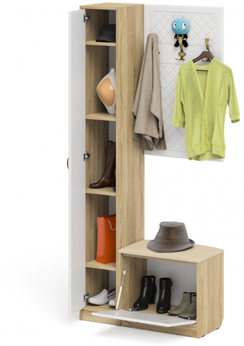 Прихожая П-6 Компоновка № 21, дуб сонома/фасады МДФ белое дерево фрезеровка ромб