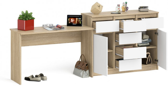 Мори Стол письменный МСП1200.1 + Комод МК1200.4, цвет дуб сонома/белый, ШхГхВ 240,8х50х94 см., универсальная сборка
