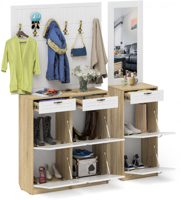 Прихожая П-6 Компоновка № 06, цвет дуб сонома/фасады МДФ белое дерево фрезеровка прованс, ШхГхВ 170х35х200 см., универсальная сборка