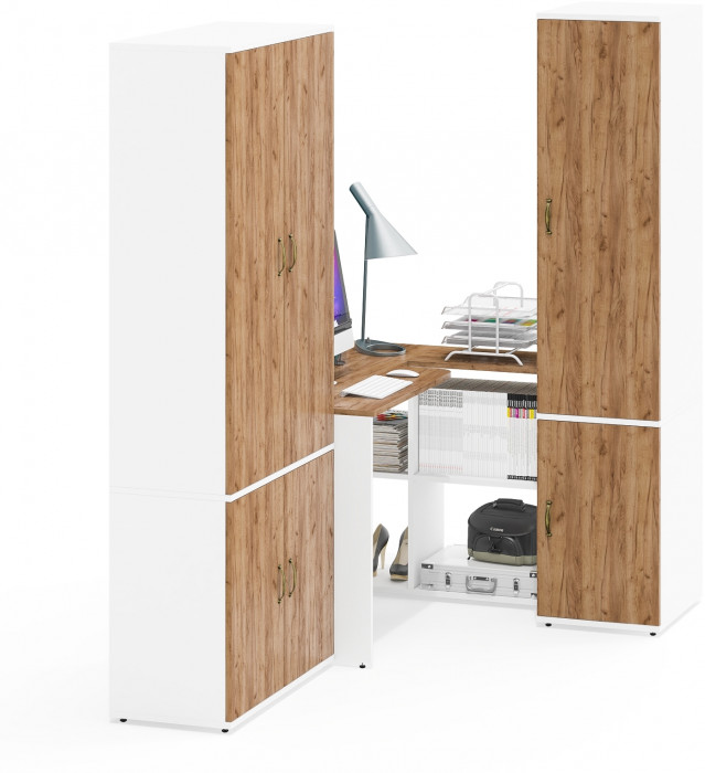 Лидер-8 Шкаф МД 20Б + Стол + Пенал 23Б, цвет белый шагрень/крафт золото, ШхГхВ 285х50/37,5х75/190 или 195х120х75/190 см., НЕ ун.сб.