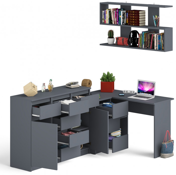 Мори компьютерный стол МС-16 левый + Комод МК1200.4 + Полка 1200, графит