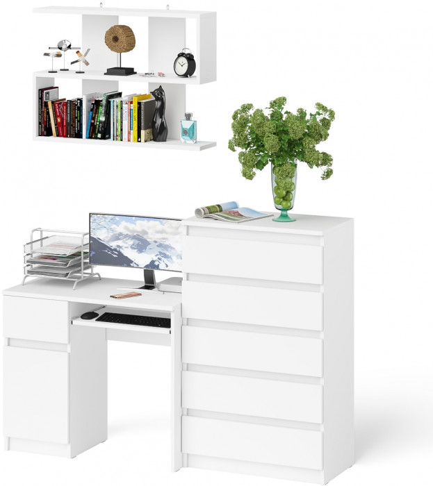 Мори Стол компьютерный МС-1 левый + Комод МК700.5 + Полка 900, цвет белый, ШхГхВ 160,4х50х209,6 см., НЕ универсальная сборка