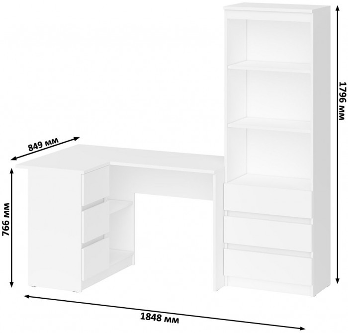 Мори Стол компьютерный МС-16 левый + Стеллаж МСТ600.3, цвет белый, ШхГхВ 184,8х84,9х179,6 см., выдвижные ящики слева, НЕ универсальная сборка