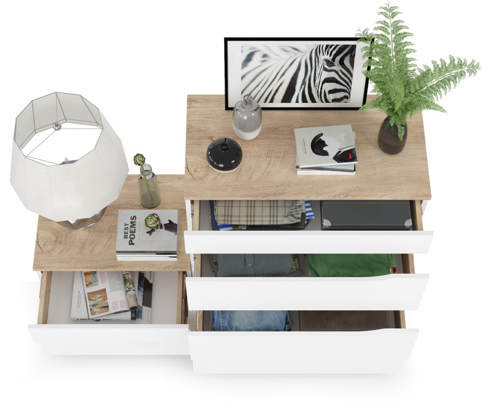 Муссон 13.97 Комод + 16.03 Тумба, цвет белый/дуб эндгрейн элегантный, ШхГхВ 133х39,4х92,6 см., четыре выдвижных ящика, ручки-вырезы, НЕ универс. сб.