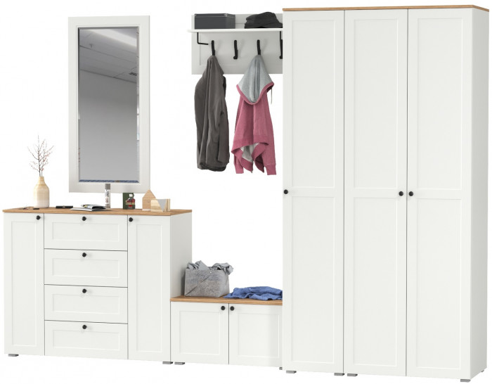 Остин Прихожая 55, цвет белый шагрень/дуб крафт золотой, ШхГхВ 320х54,3х229,6 см., универсальная сборка