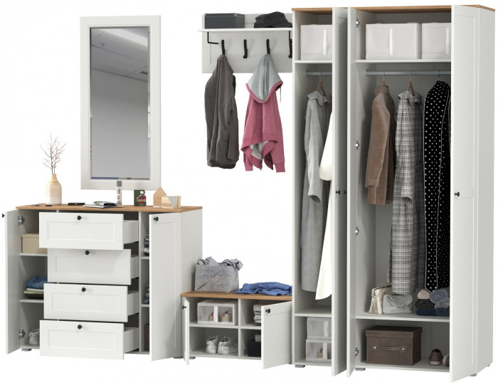 Остин Прихожая 55, цвет белый шагрень/дуб крафт золотой, ШхГхВ 320х54,3х229,6 см., универсальная сборка