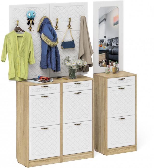 Прихожая П-6 Компоновка № 06, цвет дуб сонома/фасады МДФ белое дерево фрезеровка ромб, ШхГхВ 170х35х200 см., универсальная сборка