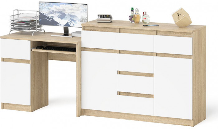 Мори компьютерный стол МС-1 левый + Комод МК1200.4, дуб сонома/белый