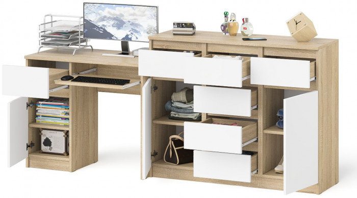 Мори компьютерный стол МС-1 левый + Комод МК1200.4, дуб сонома/белый