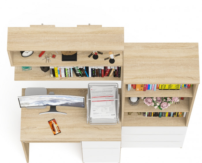 Мори компьютерный стол МС-1 правый + Стеллаж МСТ600.3 + Полка 900, дуб сонома/белый