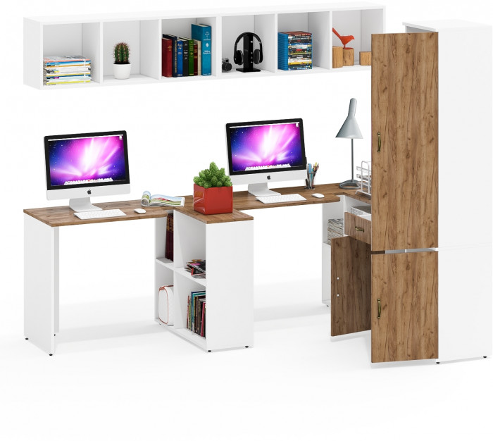 Лидер-8 Стол + Полка + Стол + Полка + Пенал МД 22Б + Тумба МД 3.15, цвет белый шагрень/крафт золото, 410х50х75/190 или 230х160/50х75/190, НЕ ун. сб.