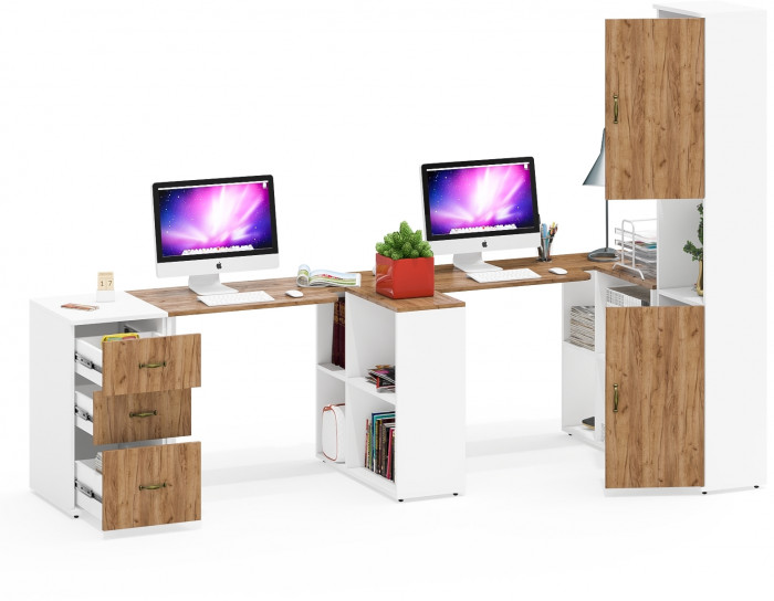 Лидер-8 Стол + Стол + Пенал + Тумба МД 3.16, цвет белый шагрень/крафт золото, ШхГхВ 410х50/30х75/190 см. или 230х50/160х75/190 см., НЕ универс. сборка