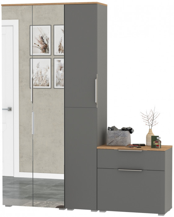 Октава Прихожая 21, цвет серый графит/дуб крафт золотой/фасады МДФ серый графит, ШхГхВ 161,5х35,4х197,6 см., универсальная сборка