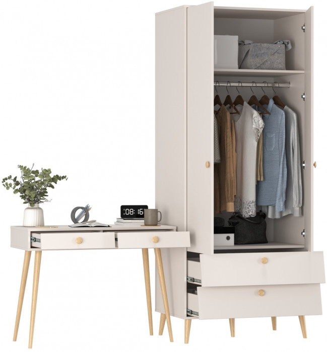 Афина Спальня Шкаф 2-х дверный + Стол, цвет кашемир серый, ШхГхВ 90,3х56,3х220 + 100х45х76 см., универсальная сборка