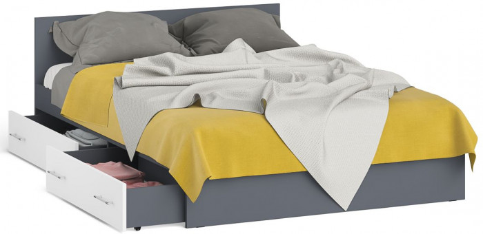 Мори Кровать с ящиками 1400, цвет графит/белый, ШхГхВ 143,5х203,5х70 см., сп.м. 1400х2000 мм., без матраса, основание есть