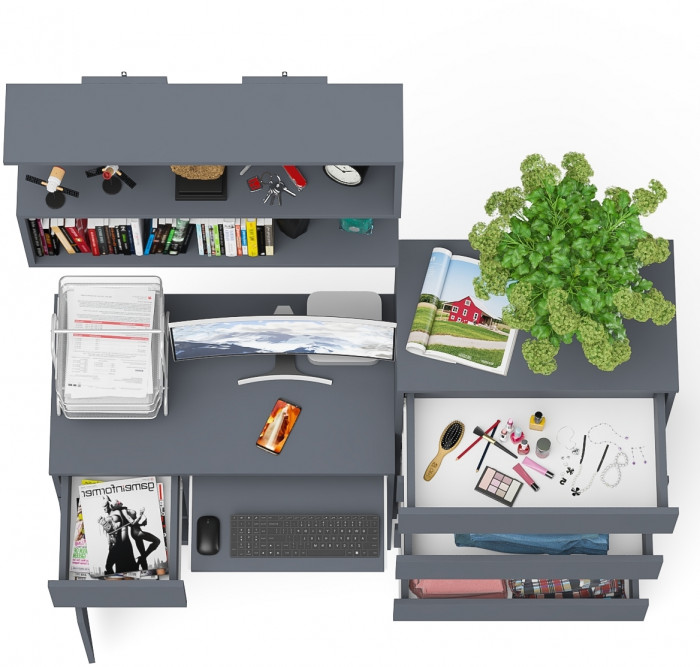 Мори Стол компьютерный МС-1 левый + Комод МК700.5 + Полка 900, цвет графит, ШхГхВ 160,4х50х209,6 см., НЕ универсальная сборка