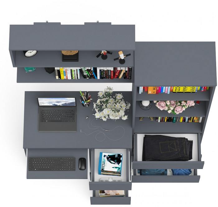 Мори Стол компьютерный МС-6 правый + Стеллаж МСТ600.3 + Полка 900, цвет графит, ШхГхВ 150,4х50х209,6 см., НЕ универсальная сборка