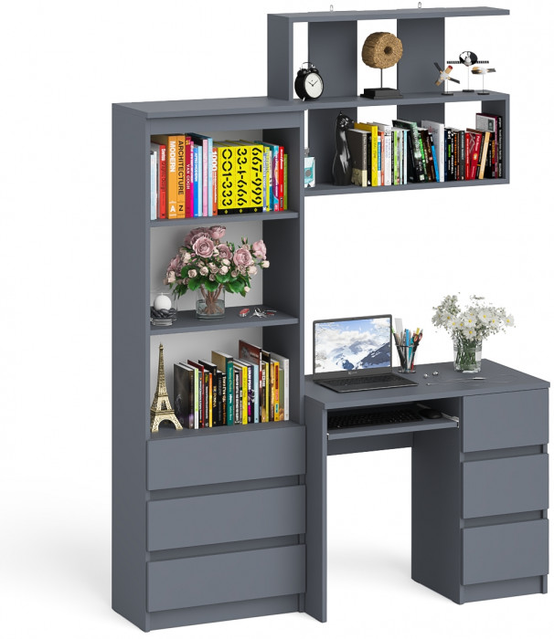 Мори Стол компьютерный МС-6 правый + Стеллаж МСТ600.3 + Полка 900, цвет графит, ШхГхВ 150,4х50х209,6 см., НЕ универсальная сборка