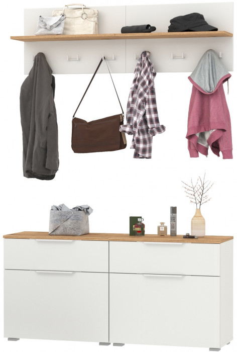 Октава Прихожая 03, цвет белый шагрень/дуб крафт золотой/фасады МДФ белый шагрень, ШхГхВ 129,8х35,4х197 см.