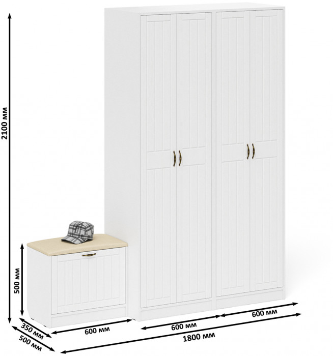 Прихожая П-6 Компоновка № 07, цвет белая шагрень/фасады МДФ белое дерево фрезеровка прованс, ШхГхВ 180х50х210 см., универсальная сборка