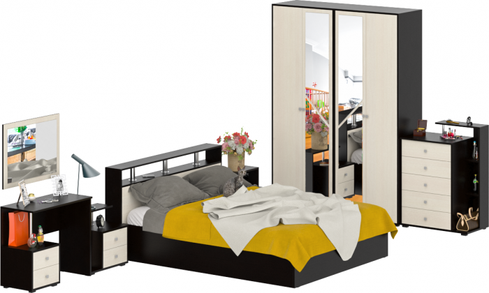 Камелия спальня № 3 Кровать 1600 + Две тумбы + Стол косметич. + Зеркало + Комод + Шкаф 4-х, венге/дуб лоредо