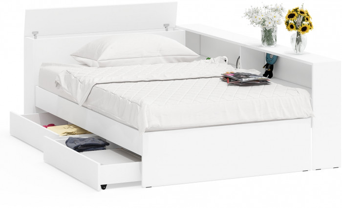 Ксения Кровать с ящиками 1200 + прикроватный блок, белый