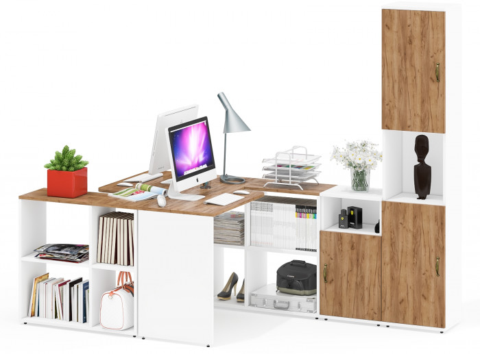 Лидер-8 Стол + Стол + Пенал + Тумба МД 3.19, цвет белый шагрень/крафт золото, ШхГхВ 410х50/30х75/190 см. или 230х50/160х75/190 см., НЕ универс. сборка