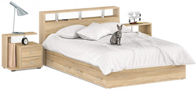 Камелия Кровать с ящиками 1400 + две тумбы, цвет дуб сонома, ШхГхВ 256х217х78,2 см., сп.м. 1400х2000 мм., без матраса, основание есть