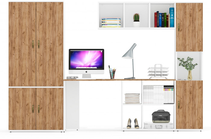 Лидер-8 Шкаф МД 19Б + Стол + Полка + Пенал, белый шагрень/крафт золото