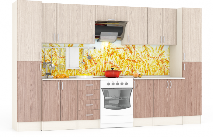 Кухня Мери 11 Пенал+ШВ600+ШВ400+ШВв600+ШВ400+ШВ600+Пенал+ШН600+ШН4Я400+ШН400+ШН600, цвет дуб/ясень шимо светлый/тёмный, ШхГхВ 340х60х212 см.