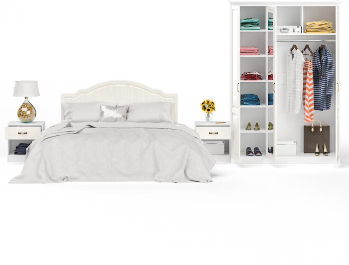 Ливерпуль Спальня № 1 Кровать 11.08ОСН + две Тумбы 08.146 + Шкаф 08.45Н + карниз, цвет ясень ваниль/белый, сп. м. 1600х2000 мм., б/м, ортопед есть