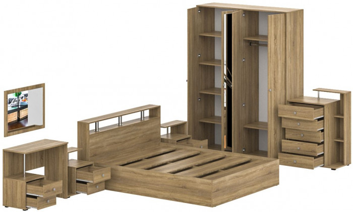 Камелия спальня № 3 Кровать 1600 + Две тумбы + Стол косметич. + Зеркало + Комод + Шкаф 4-х, дуб сонома