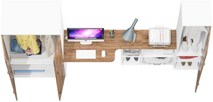 Лидер-8 Шкаф МД 19Б + Стол + Пенал 21Б, белый шагрень/крафт золото