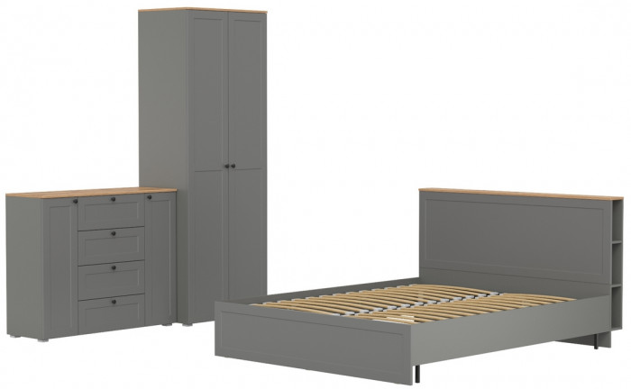 Остин 11.53 Кровать + ортопед + 13.224 Шкаф + 16.221 Комод, серый графит/дуб крафт золотой